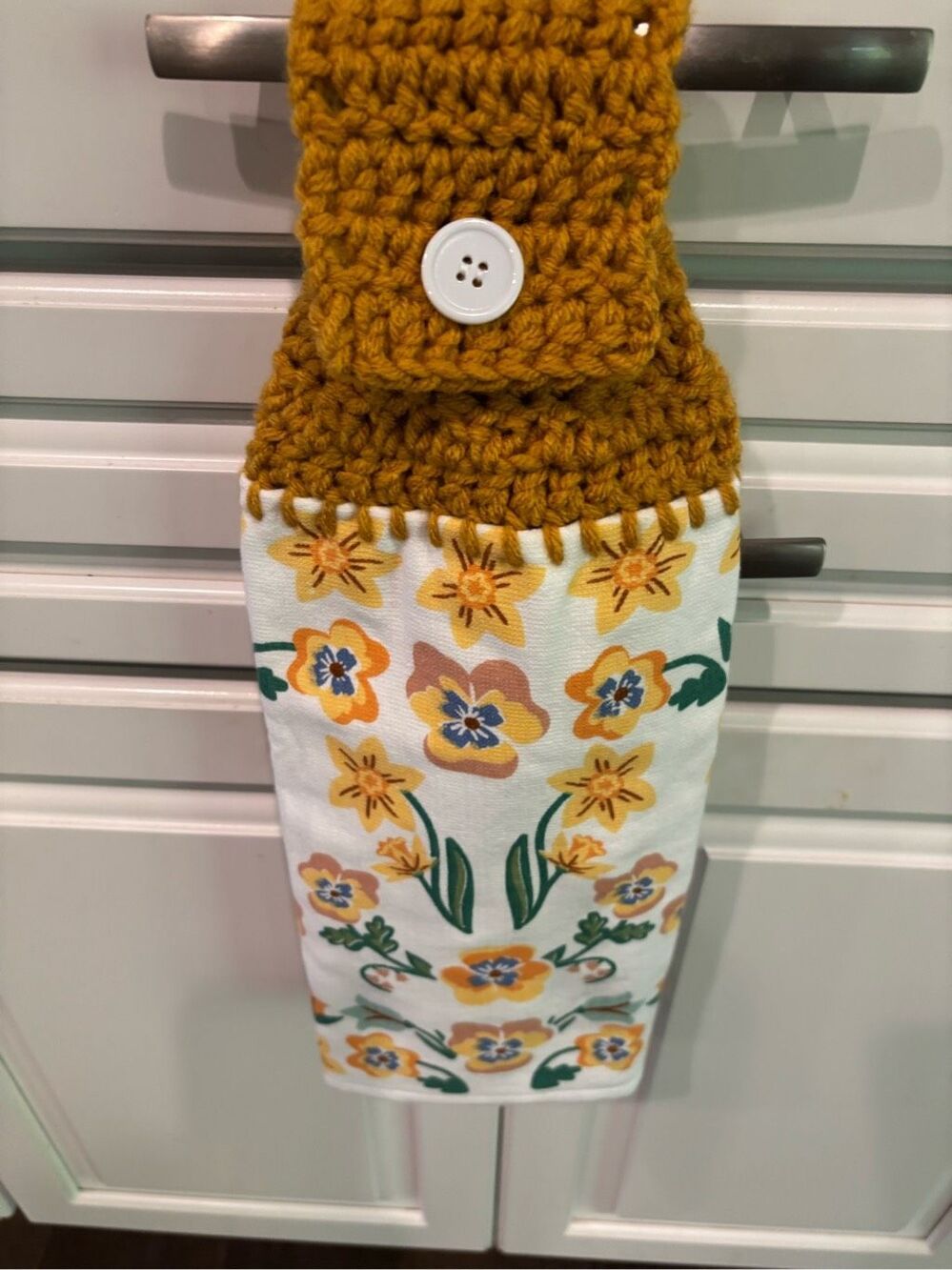 Crochet Top Kitchen Towel-Flowers-gold topper